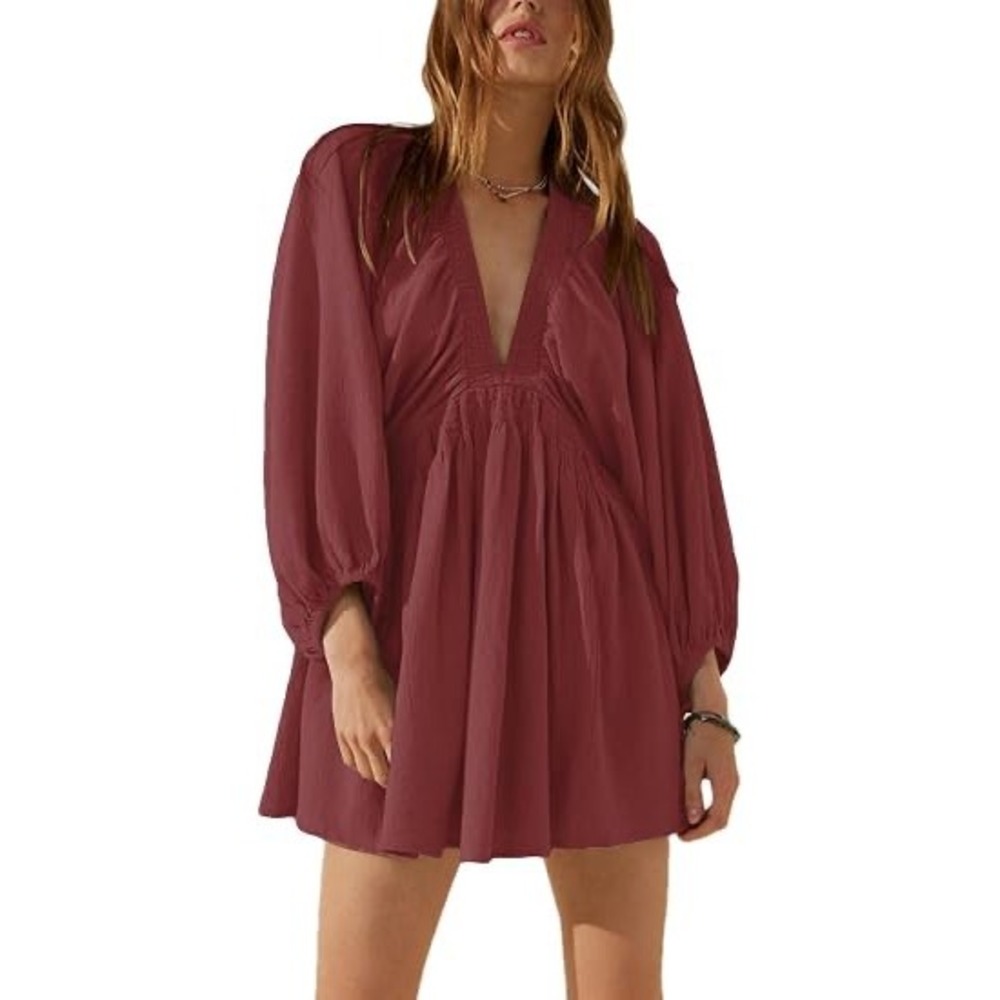 (CL) Boho Smocked V-Neck Cotton Mini Dress‎ Terracotta Red Balloon Sleeve S